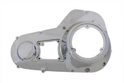 Chrome outer primary cover for drive line by Motorshop, showcasing a shiny, smooth chrome finish on a motorcycle engine component.