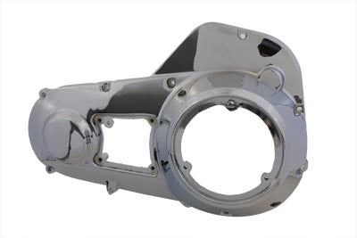 Chrome outer primary cover for drive line by Motorshop, showcasing a shiny, polished finish on a motorcycle primary cover.