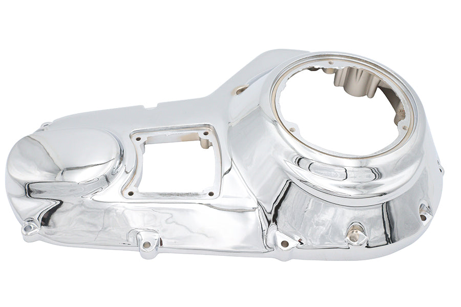 Motorshop chrome outer primary cover for drive line, shiny metallic motorcycle part with detailed finish and branding.