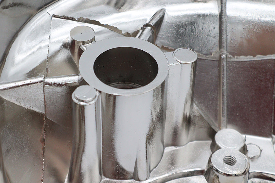 Motorshop Chrome Outer Primary Cover for drive line, showcasing polished chrome finish and detailed design.