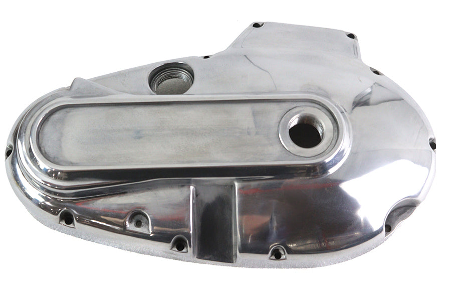 Polished MotorShop drive line outer primary cover for motorcycle, showcasing a sleek, shiny finish and precise fit.