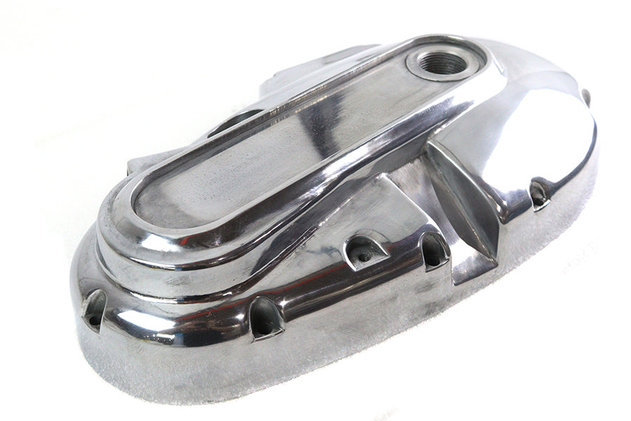 Polished Motorshop Outer Primary Cover for drive line, showing a sleek, shiny metal finish with detailed branding.