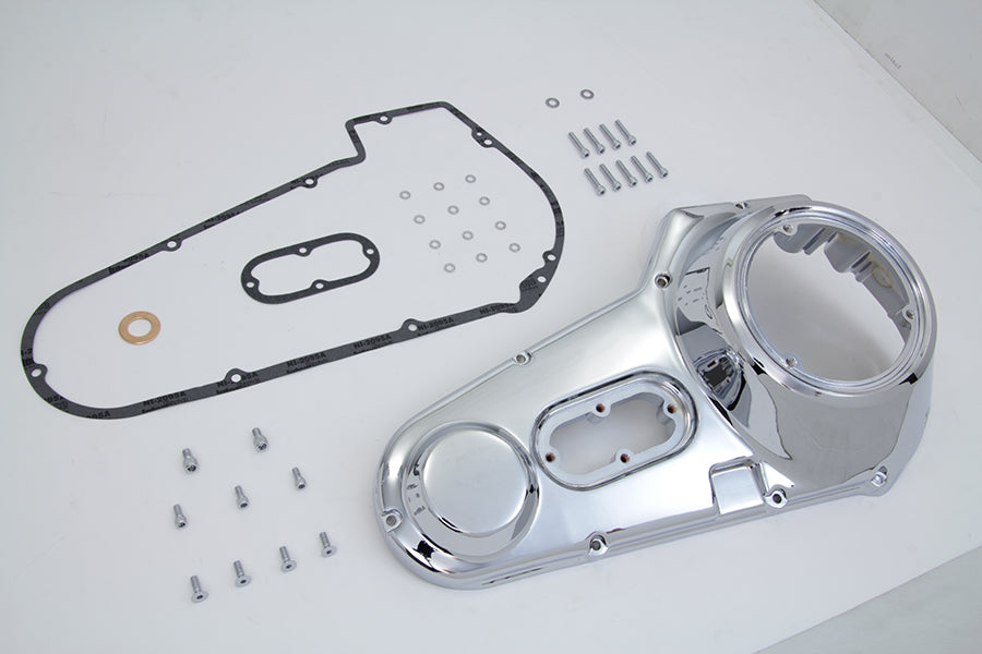 Motorshop Chrome Outer Primary Cover Kit for drive line, showcasing a shiny chrome finish on a motorcycle primary cover.