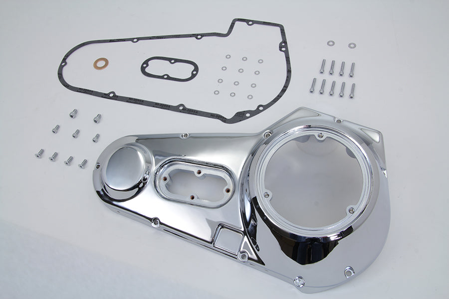 Chrome outer primary cover kit for drive line by Motorshop, showcasing polished chrome finish on motorcycle primary cover.