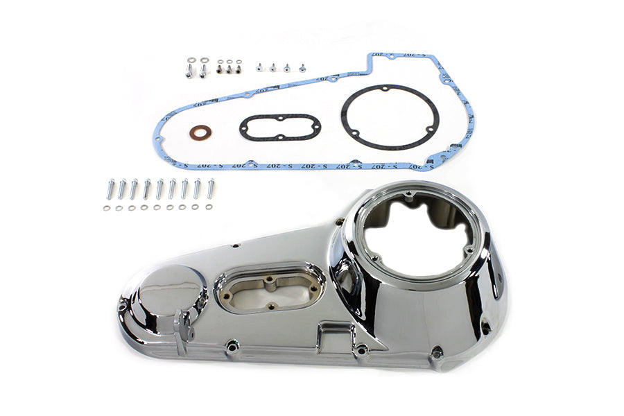 Chrome outer primary cover for drive line by Motorshop, showcasing a sleek, polished finish on a motorcycle engine component.