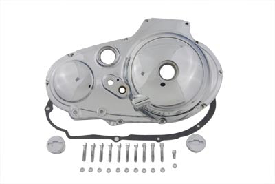 V-TWIN chrome outer primary cover kit for drive line, featuring polished chrome finish and detailed design on motorcycle engine.