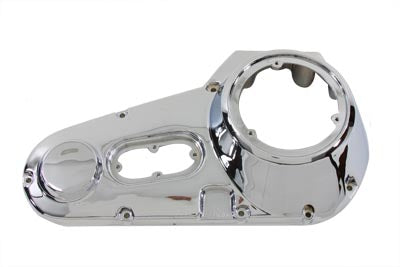 Chrome outer primary cover for drive line from Motorshop, showing a shiny, smooth finish on a motorcycle engine component.