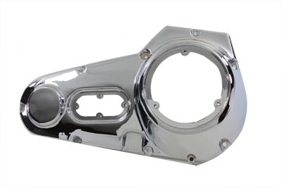 Chrome outer primary cover for drive line by Motorshop, showcasing a shiny, sleek motorcycle engine component.