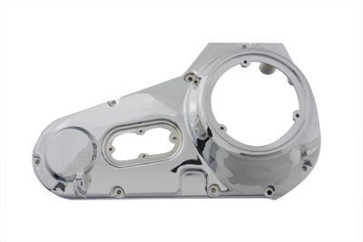 Chrome outer primary cover for drive line by Motorshop, showcasing a shiny, polished chrome finish on a motorcycle drive component.
