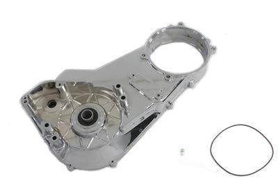 Chrome inner primary cover assembly for drive line by Motorshop, showing the shiny, polished metal cover with mounting holes.