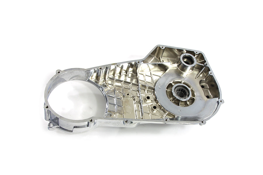 Chrome inner primary cover assembly for motorcycle drive line, manufactured by Motorshop, with a polished finish and detailed design.