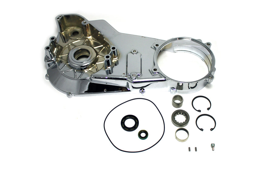 Chrome inner primary cover assembly for drive line from Motorshop, showing the polished chrome finish and detailed construction.