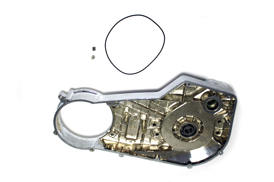 Chrome inner primary cover assembly for drive line from Motorshop, showing the sleek, polished chrome finish and detailed mounting features.