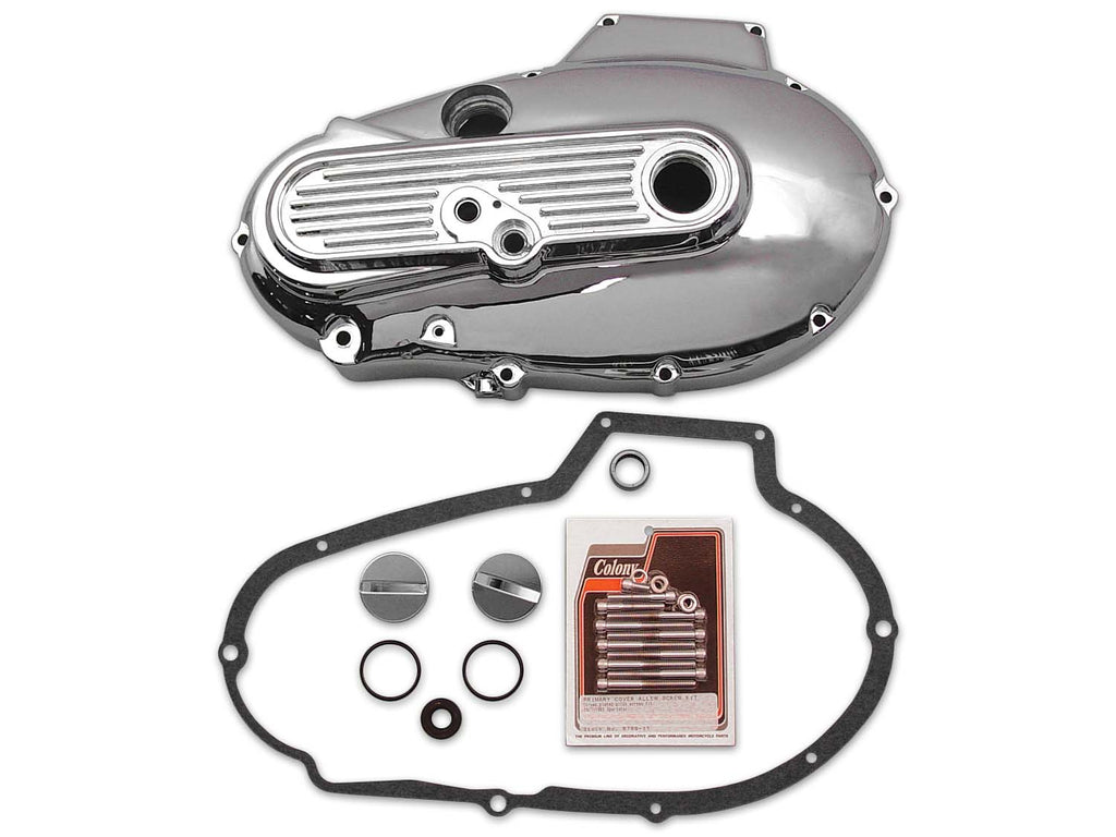 V-TWIN chrome primary cover kit for drive line alternator, showcasing a polished metal finish with detailed branding.