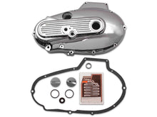 Load image into Gallery viewer, V-TWIN chrome primary cover kit for drive line alternator, showcasing a polished metal finish with detailed branding.