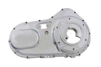 Chrome outer primary cover for motorcycle drive line by Motorshop, showcasing a shiny, polished finish on a sleek metal cover.