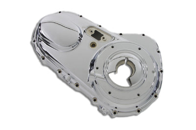 Chrome outer primary cover for drive line by Motorshop, showcasing a shiny, finished motorcycle engine component.