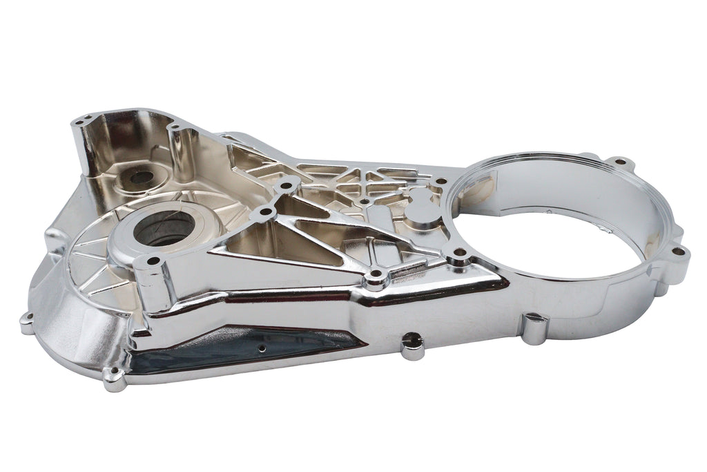 Motorshop Chrome Inner Primary Cover for drive line, showing polished chrome finish and detailed design.
