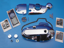 Load image into Gallery viewer, V-TWIN chrome engine dress-up kit installed on motorcycle engine, enhancing appearance with polished chrome details.