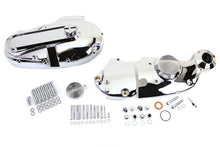 Load image into Gallery viewer, V-TWIN chrome engine dress-up kit installed on motorcycle engine, enhancing appearance with shiny chrome details and custom styling.