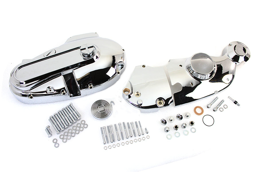 V-TWIN chrome engine dress-up kit installed on motorcycle engine, enhancing appearance with polished chrome components.