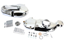 Load image into Gallery viewer, V-Twin chrome engine dress-up kit installed on motorcycle engine with polished chrome accents and detailed components.