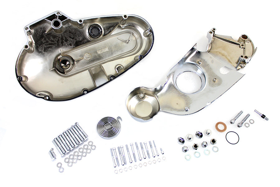 V-TWIN chrome engine dress-up kit installed on motorcycle engine, enhancing appearance with polished chrome components.