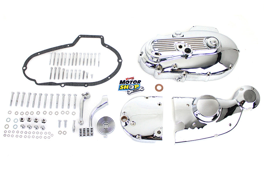 V-TWIN chrome engine dress-up kit installed on motorcycle engine, enhancing the appearance with shiny chrome accents and detailed components.