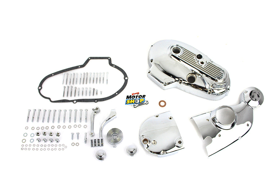 V-TWIN chrome engine dress-up kit installed on motorcycle engine, showcasing shiny chrome accents and detailed components.