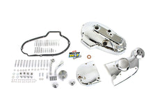 Load image into Gallery viewer, V-TWIN chrome engine dress-up kit installed on motorcycle engine, showcasing shiny chrome accents and detailed components.