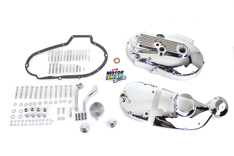 V-TWIN chrome engine dress-up kit installed on motorcycle engine, enhancing appearance with shiny chrome accents and details.