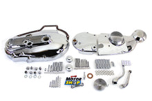 Load image into Gallery viewer, V-TWIN chrome engine dress-up kit installed on motorcycle engine showing shiny chrome details and sleek design.