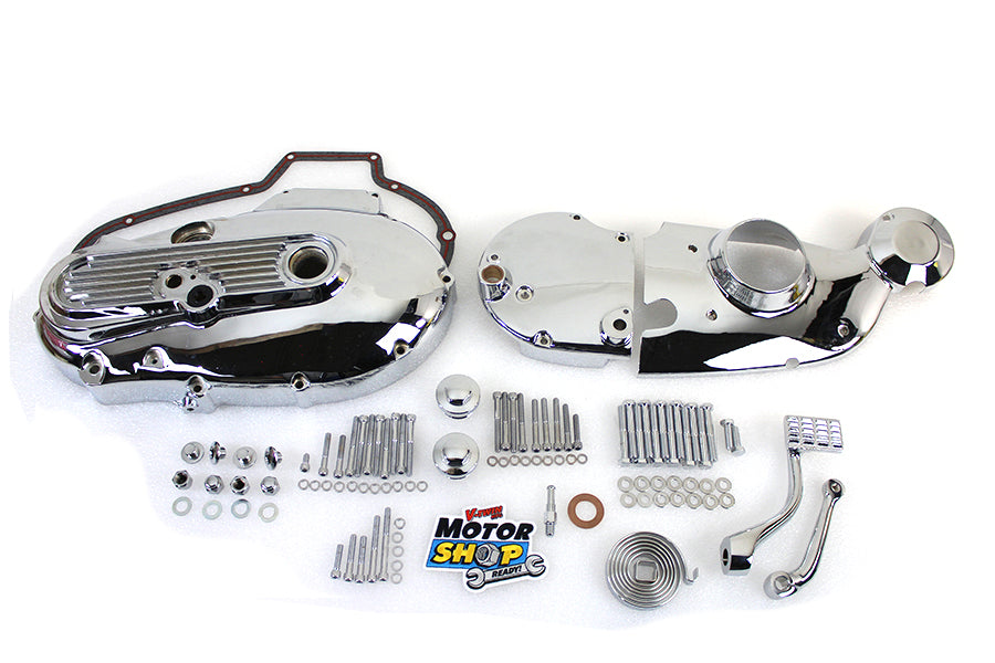 V-TWIN Chrome Engine Dress Up Kit installed on motorcycle engine, enhancing appearance with shiny chrome details.
