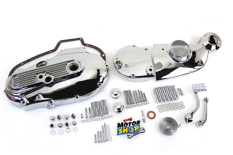 V-TWIN chrome engine dress-up kit installed on motorcycle engine with shiny chrome accents and detailed components.