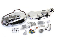 Load image into Gallery viewer, V-TWIN chrome engine dress-up kit installed on motorcycle engine with shiny chrome accents and detailed components.