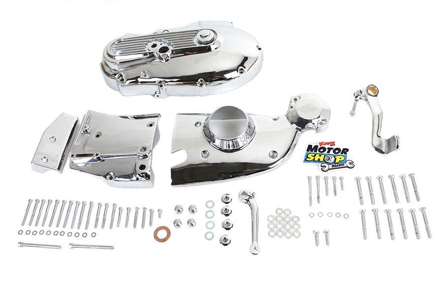 V-Twin chrome engine dress-up kit with polished components for enhancing motorcycle engine appearance.