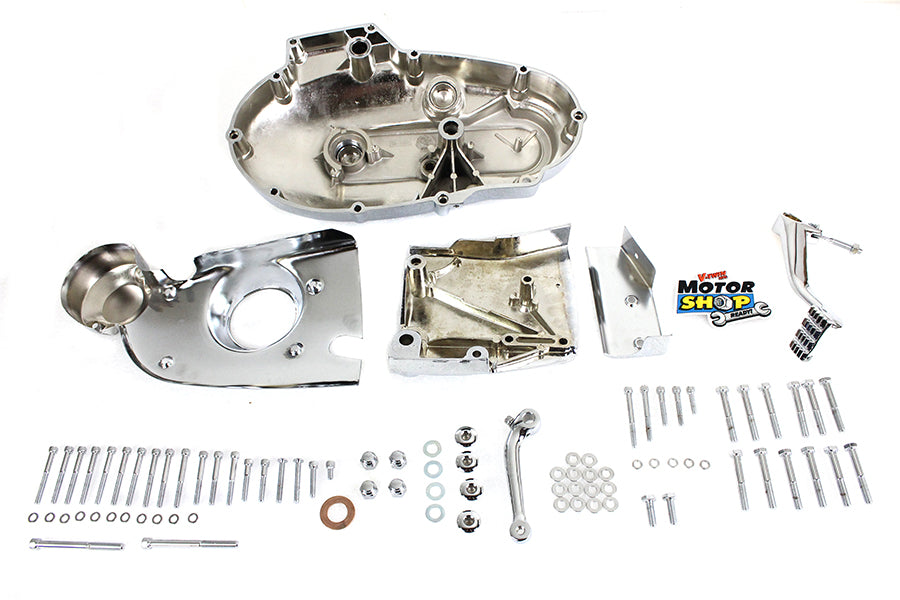 V-TWIN Chrome Engine Dress Up Kit installed on motorcycle engine, featuring shiny chrome accents and detailed components.