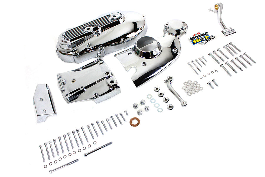 V-TWIN Chrome Engine Dress Up Kit installed on motorcycle engine, enhancing shine and appearance with polished chrome details.