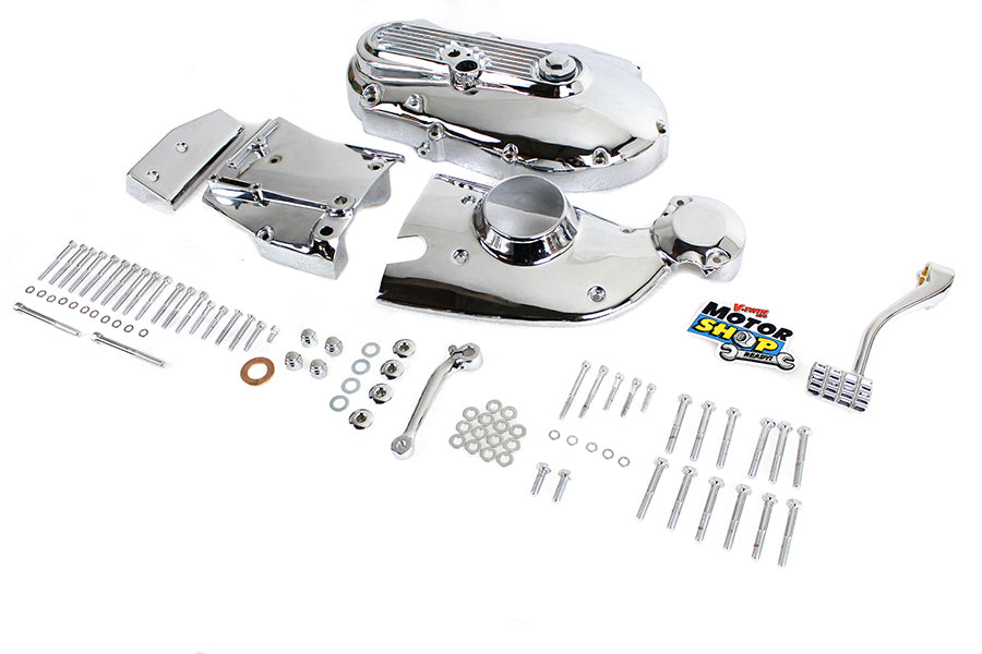 V-TWIN chrome engine dress-up kit installed on motorcycle engine, showcasing shiny chrome details and automotive styling.