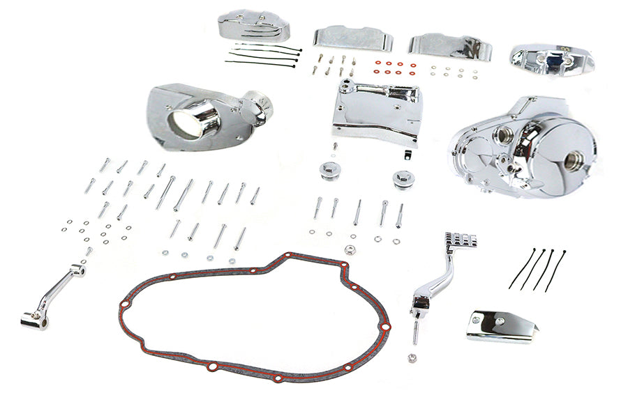 V-TWIN chrome engine dress-up kit installed on motorcycle engine, enhancing appearance with shiny chrome details.