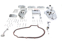 Load image into Gallery viewer, V-TWIN chrome engine dress-up kit installed on motorcycle engine, enhancing appearance with shiny chrome details.