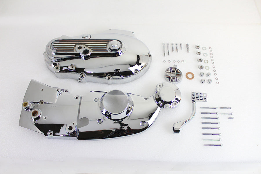 V-Twin chrome engine dress-up kit installed on motorcycle engine, enhancing appearance with shiny chrome details and custom styling.
