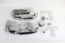 Load image into Gallery viewer, V-Twin chrome engine dress-up kit installed on motorcycle engine, enhancing appearance with shiny chrome details and custom styling.