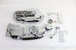 V-Twin chrome engine dress-up kit installed on motorcycle engine, enhancing appearance with shiny chrome details and custom styling.