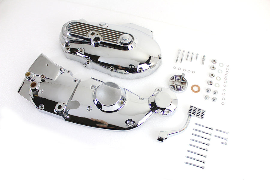 V-TWIN chrome engine dress-up kit installed on motorcycle engine, showcasing shiny chrome accents and detailed components.