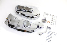 Load image into Gallery viewer, V-TWIN chrome engine dress-up kit installed on motorcycle engine, showcasing shiny chrome accents and detailed components.