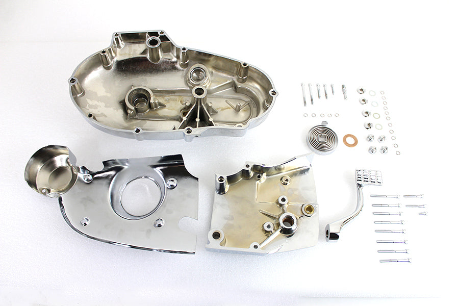 V-TWIN chrome engine dress-up kit installed on motorcycle engine, enhancing appearance with shiny chrome accents.