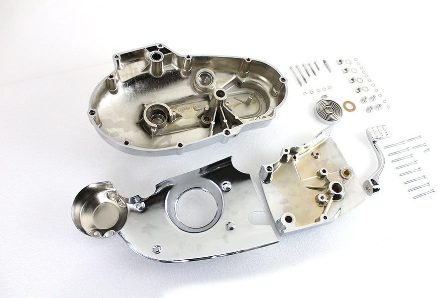 V-TWIN chrome engine dress-up kit installed on motorcycle engine, showcasing shiny chrome accents and detailed styling.