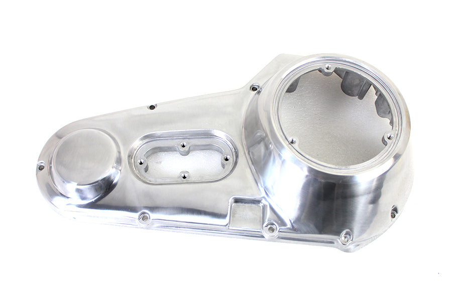 Polished MotorShop drive line outer primary cover with a sleek finish, designed for motorcycle primary drive protection.