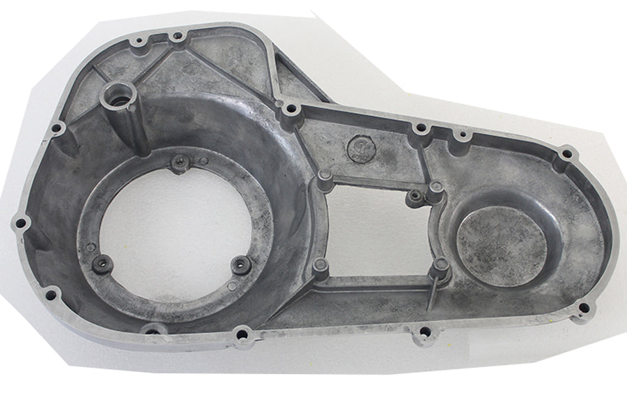 Polished V-Twin Outer Primary Cover for drive line, showcasing a shiny, polished finish on a motorcycle engine component.